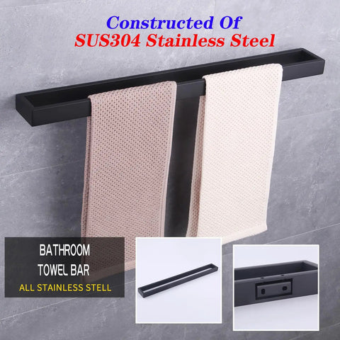 Matte Black 36 Inch Stainless Steel Bathroom Towel Bar Wall Mount Made From SUS 304 for rust resistance, shown with towels. HG17703BK