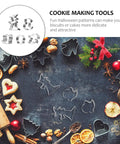 Halloween 5 Piece Stainless Steel Cookie Cutter Set Skull Ghost Witch Scythe Demon Shapes displayed on baking table.