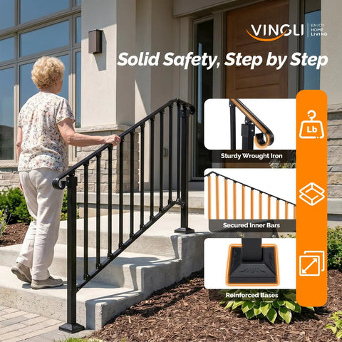 Straight Up Tough Wrought Iron Stair Handrail With Secure Balusters For Outdoor Deck And Concrete Steps Fits 3 To 4 Stairs Rust Proof Powder Coated Black Safety Railing on concrete stairs with person