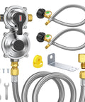 Dual Tank RV Propane Regulator Kit With Two 18 Inch Pigtail Hoses And Gauge And 48 Inch Outlet Extension Braided QCC1 Quarter Inch Inverted Flare Plus Smart Refill Reminder Color Changing Indicator And Easy Hookup For Campers Trailers