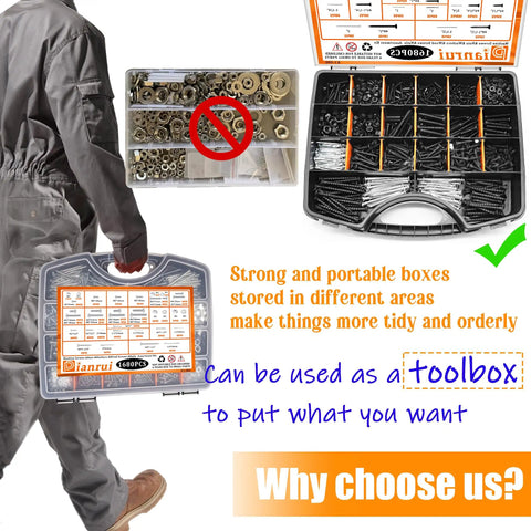 Heavy Duty 1680 Piece Fastener Assortment Kit Holds Every Machine Screw Drywall Anchor And Bolt You Gotta Own For Tough DIY Builds Or Quick Home Fixes Tidily Stored In A Case featuring sorted fasteners in a portable box.