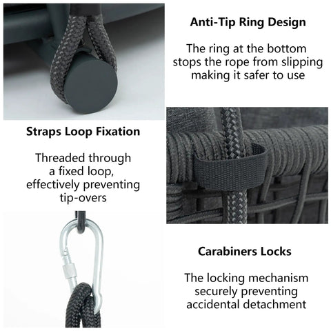Close-up of safety features for Single Seater Porch Swing Chair With 106 Inch Adjustable Rope For Height Boho Macrame Hanging Hammock Chair.