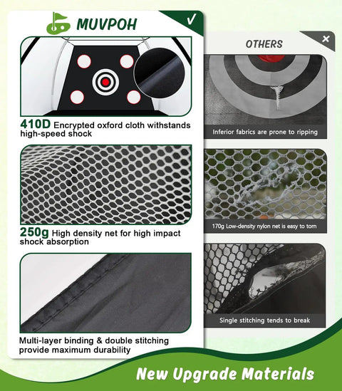Comparison of 10x7ft Golf Practice Net with Dual Turf Hitting Mat, highlighting material durability and quality.