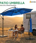 10 Foot Offset Cantilever Patio Umbrella With Base Included No Fuss Setup UV Protection Fade Resistant Fabric Easy Tilt Adjustment Wind Resistant Canopy For Pool Deck Garden Backyard Blue over campsite