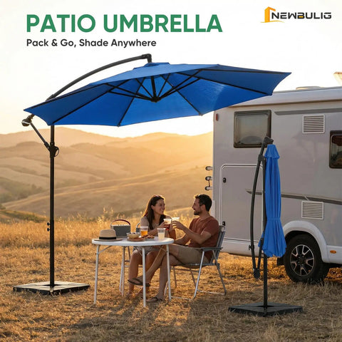 10 Foot Offset Cantilever Patio Umbrella With Base Included No Fuss Setup UV Protection Fade Resistant Fabric Easy Tilt Adjustment Wind Resistant Canopy For Pool Deck Garden Backyard Blue over campsite