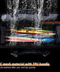 Open Fishing Jig Bag Portable Lure Storage Tackle Gear with PVC mesh and TPU handle containing colorful jigs, rain falling over