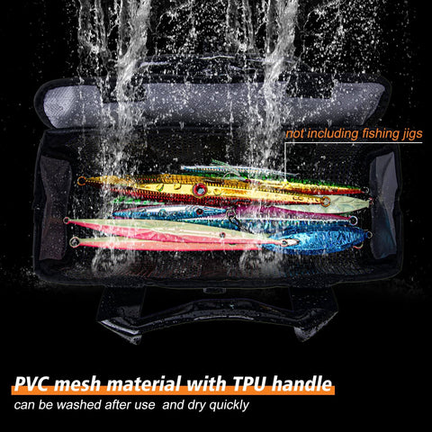 Open Fishing Jig Bag Portable Lure Storage Tackle Gear with PVC mesh and TPU handle containing colorful jigs, rain falling over