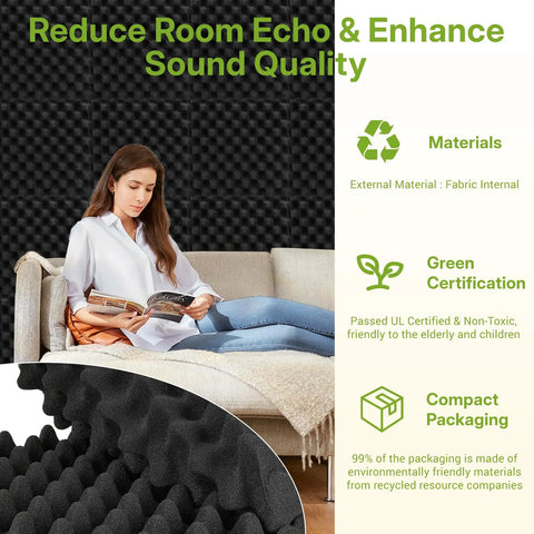 Kick The Echo With These Six Black Egg Crate Acoustic Foam Panels Measuring 12 By 12 By 2 Inches showing a woman reading on a couch.