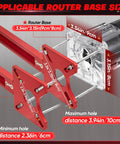 Pro Grade 4 In 1 Router Milling Groove Bracket for woodworking, showing red aluminum brackets with measurements for router base.