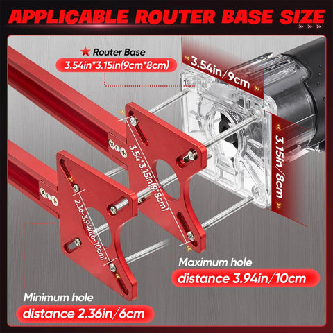 Pro Grade 4 In 1 Router Milling Groove Bracket for woodworking, showing red aluminum brackets with measurements for router base.