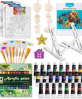 All In One Acrylic Painting Set With 24 Vibrant Paints 8 Brushes 5 Canvas Panels Wooden Stencils And Foldable Tabletop Easel