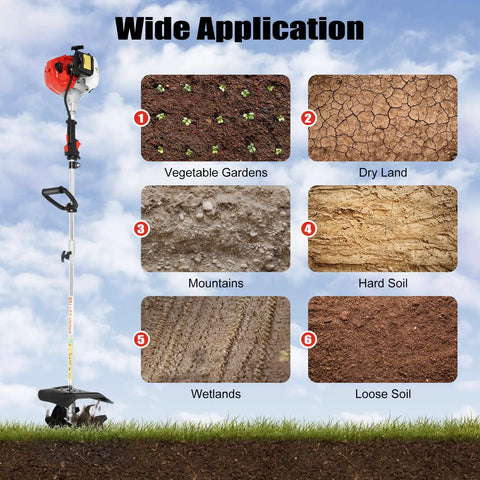 Gas Powered Tiller Cultivator With 51.7Cc 2 Stroke Engine for wide soil applications in gardens, dry land, and wetlands