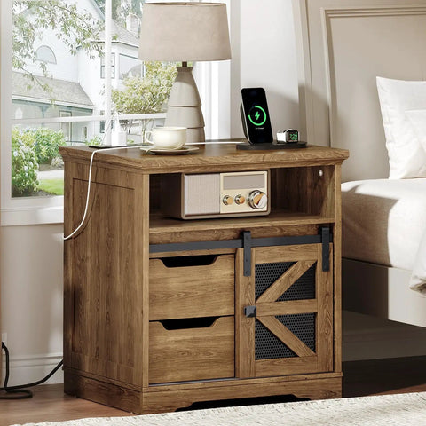 Top Shelf Farmhouse End Table With Built In Charging Station And Two Deep Storage Drawers Set Of Two, wood, lamp, and electronic devices on top.