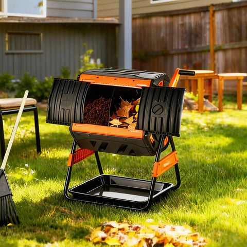 53 Gallon Dual Chamber Compost Tumbler With Easy Turn Rotating Bin And Aeration System Dual Sliding Doors For Quick Load And Continuous Composting