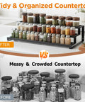 Score Top Shelf Storage With This Slick Adjustable 3 Tier Metal Spice Rack Organizer For Cabinets Counters Slip Resistant Expandable Shelf Fits Jars And Bottles In Black on tidy countertop after organization.