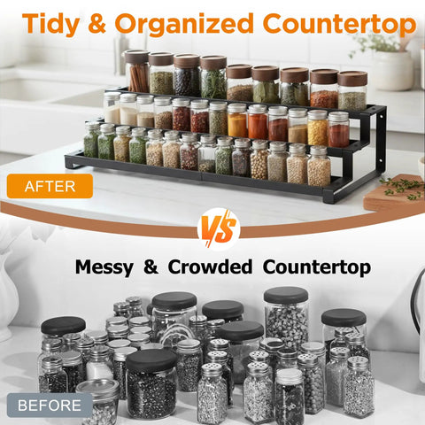 Score Top Shelf Storage With This Slick Adjustable 3 Tier Metal Spice Rack Organizer For Cabinets Counters Slip Resistant Expandable Shelf Fits Jars And Bottles In Black on tidy countertop after organization.