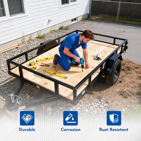 Man installing wood deck on trailer using 100 Pcs 5/16-18 X 2-1/2 Inch Flat Head Deck Screws Pro Grade For Hardwood And Laminate Flooring.