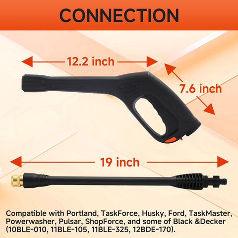 Versatile Heavy Duty Pressure Washer Gun And Hose Kit With Replacement Extension Wand For Most Brands Built With Steel Plated Zinc Fittings Anti Rust And Leak Free Great For Cars Driveways Floors Windows And More, 12.2 inch gun, 19 inch extension wand