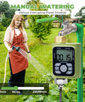 Woman using Outdoor Misting System With 26 Foot Hose, 7 Brass Nozzles, Three Quarter Inch Brass Adapter And Programmable Water Timer for garden irrigation