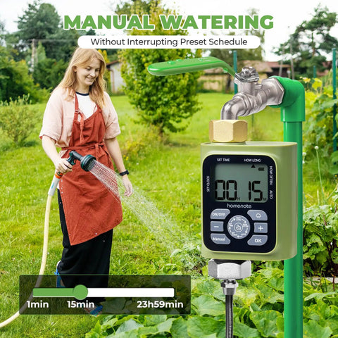 Woman using Outdoor Misting System With 26 Foot Hose, 7 Brass Nozzles, Three Quarter Inch Brass Adapter And Programmable Water Timer for garden irrigation