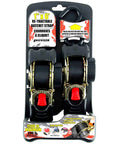 No Nonsense Retractable Ratcheting Tie Down Straps 2 Pack Black 1 In X 6 Ft With Vinyl Coated Hooks displayed on packaging.