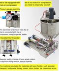 Horizontal Pneumatic Paste Liquid Filling Machine With Heating And Stirring Function Stainless Steel Dual Nozzle showing pressure gauge and air cylinder.