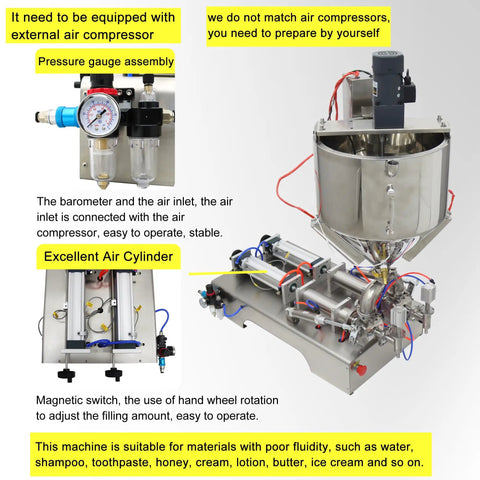 Horizontal Pneumatic Paste Liquid Filling Machine With Heating And Stirring Function Stainless Steel Dual Nozzle showing pressure gauge and air cylinder.