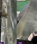 Before and after using Five Pack Strip Discs Four And A Half Inch By Seven Eighth Inch Stripping Wheel For Angle Grinder on metal