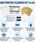 No Stress Printer Cleaning Kit For Id Card Makers Featuring Two Printhead Pens Ten Sticky Cleaning Cards And Pre Saturated Wipes To Keep Your Rig Running Tight Daily, showing cleaning pens and wipes.