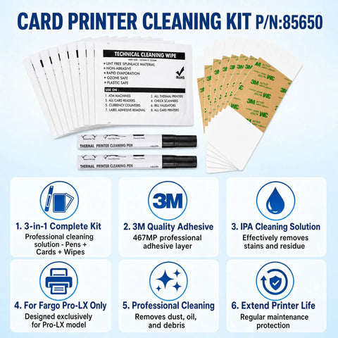 No Stress Printer Cleaning Kit For Id Card Makers Featuring Two Printhead Pens Ten Sticky Cleaning Cards And Pre Saturated Wipes To Keep Your Rig Running Tight Daily, showing cleaning pens and wipes.