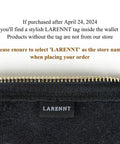 Stylish LARENNT tag inside matte black Full Grain Leather Coin Purse and Keychain Wallet with Slick Pull Zipper Closure.