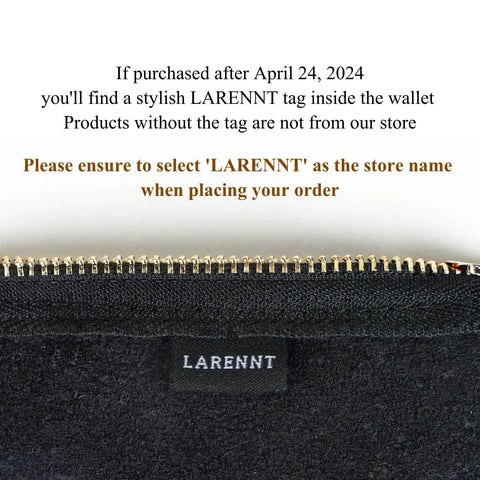 Stylish LARENNT tag inside matte black Full Grain Leather Coin Purse and Keychain Wallet with Slick Pull Zipper Closure.