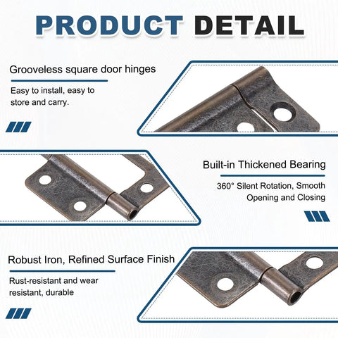 Close up of Hella Sturdy 3 Pack Non Mortise Door Hinges Two By One Inch Bifold Butts with robust iron build and refined surface.