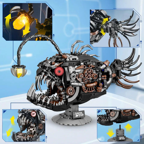 Mechanical Anglerfish Building Kit For Adults With Light Display 1038 Piece Set showing steampunk design and glowing lure