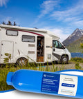 Two Pack RV Inline Water Filter System With Flexible Hose Protectors in front of a camper by a lake with mountains