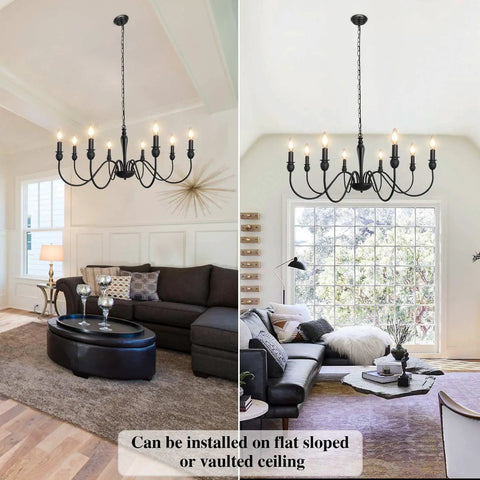 37.4 Inch Black Farmhouse Chandelier With 8 Candle Style Lights, Rustic Iron Arms in living rooms, cozy rustic vibe