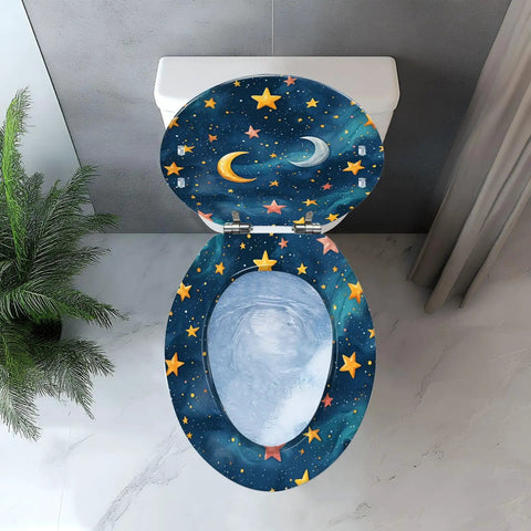 Elongated Resin Toilet Seat for Bathroom with starry night design, featuring moons and stars, fitted on a standard toilet.