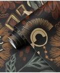 Peel And Stick Floral Boho Wallpaper Removable Mural Renter Friendly Brown Peach Puff Green Retro Wall Decor For Bathrooms And Living Rooms Durable Vinyl With Eco Friendly Ink No Mess 17.3In By 9.8Ft, close-up of the floral design with smooth vinyl texture and earthy colors.