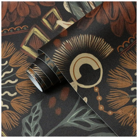 Peel And Stick Floral Boho Wallpaper Removable Mural Renter Friendly Brown Peach Puff Green Retro Wall Decor For Bathrooms And Living Rooms Durable Vinyl With Eco Friendly Ink No Mess 17.3In By 9.8Ft, close-up of the floral design with smooth vinyl texture and earthy colors.