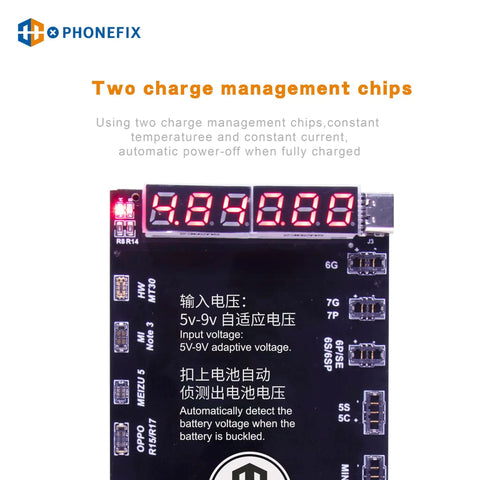 Battery Activation Detection Board For iPhone 5 Through 15 Pro Max And Android Phones With Type C And USB Interfaces The Go To All In One Circuit Board Charging Tester And Battery Diagnostics For Fast Activation, black PCB with LED display