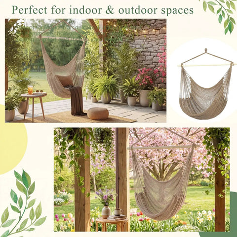 Two Piece Hanging Hammock Chair Set Boho Swing for indoor outdoor chill vibe ultra soft cotton rope weaving with 40 inch metal bars