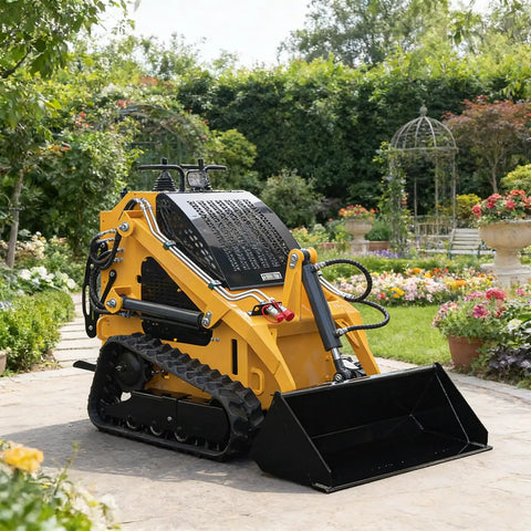 Stand On Wheeled Mini Skid Steer Loader With Dual Pilot Controls For Construction And Landscaping in garden setting