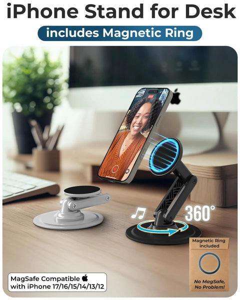 MagSafe Desk Stand For iPhone 17 Pro Max 16 15 14 13 12 With 360 Degree Rotating Head Height Adjustable Magnetic Phone Holder For Desk Metal Ring Included Black Securely Holds MagSafe Phones