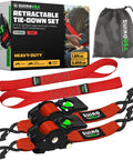 Kickass Retractable Ratchet Straps 2-Pack Cam Lock Tie Down 2 In X 10 Ft 3300 Lb set with storage bag and red straps.