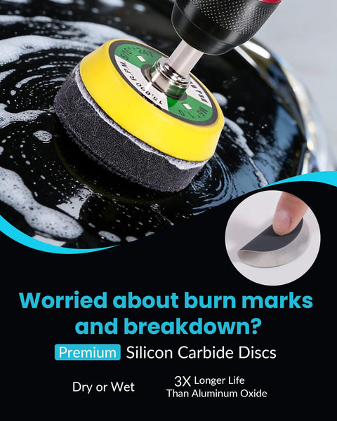 Close-up of Pro Grade 2-Inch Wet And Dry Sanding Discs Set on black surface, showing disc attached to a rotary tool.