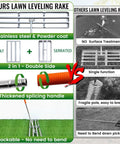 Comparison chart of 2-In-1 Lawn Leveling Rake with Flat and Serrated Sides, highlighting stainless steel build and easy handling
