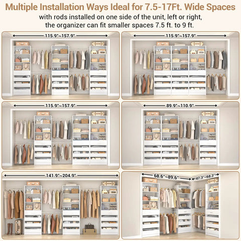 Slick Modular Closet System With Twelve Roomy Drawers And Four Heavy Lifting Rods Adjustable From Eight Point Five To Eleven Point Five Feet showcasing multiple installation configurations.