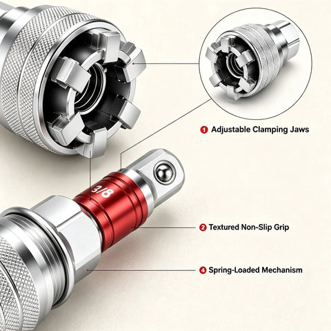 Close-up of Badass Adjustable Socket Wrench Fits 10Mm To 19Mm showing adjustable clamping jaws and red textured grip.