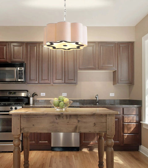 Oil Rubbed Bronze 4 Light Iron Pendant Light with Adjustable Height Scalloped Gray Linen Shade in kitchen setting