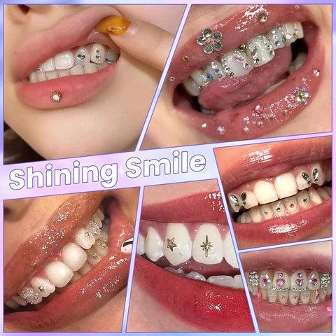 Collage of teeth adorned with colorful gems from Tooth Gem Kit for Teeth Beginners with Colorful Crystal Gems and Essential Tools.